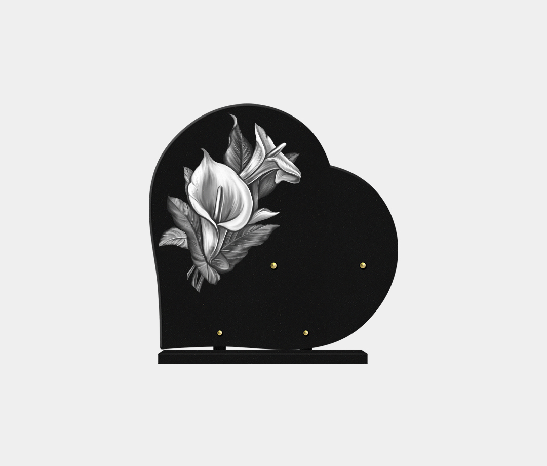plaque funéraire moderne forme cœur illustrée d'une gravure d'arômes